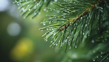 Close-Up Of Wet Pine Branches After Rain With Raindrops On Pine Needle, Natural Blurred Background