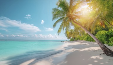Tropical Paradise: Stunning Sandy Beach, Sunny Lagoon, And Blue Ocean Waters On A Beautiful Island