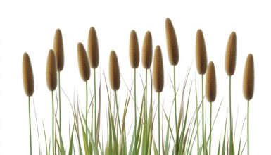 Assorted Names For Wetland Plants Showcased Against White Background: Bulrush, Cattail, Elephant