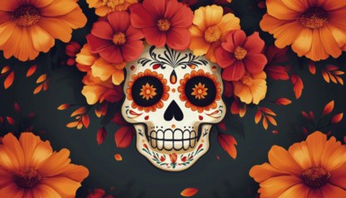 Mexican Festival Celebrating Dia De Los Muertos With Sugar Skull Poster And Card, AI generated