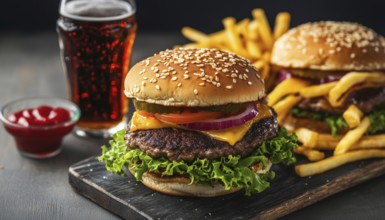 Tasty Homemade Burgers, Crispy French Fries, And Refreshing Cola Displayed On A Gray Background