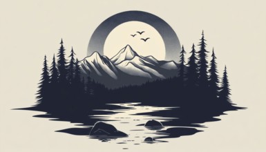 Nature-Inspired Mono Art: Mountains, Trees, Camping, Patch Badge, Emblem, T-Shirt, AI generated