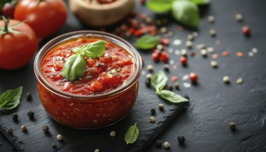 Homemade Italian Classic Marinara Sauce With Basil And Pepper On A Black Menu: Perfect Pasta And