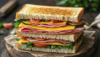 Classic Ham And Cheese Double Sandwich With Fresh Vegetables On Whole Wheat. Close-Up, Vertical