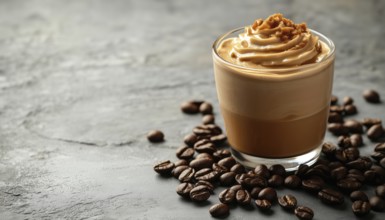 Side View Close-Up Of Dalgona Coffee And Coffee Beans On A Gray Background: A Detailed Look At The