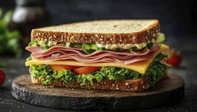 Delicious Double Cheese And Ham Sandwich With Fresh Vegetables On Brown Bread. Up-Close Vertical