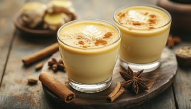 Healthy Latte With Turmeric, Cinnamon, And Anise Served In Two Glasses On A Wooden Table - A