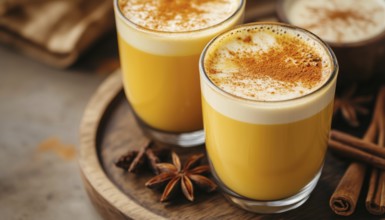 Healthy Turmeric Latte With Cinnamon And Anise Served In Wooden Glasses. Energizing Coffee Infused
