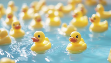 Yellow Rubber Ducks Swimming In Circles In A Pool While Being Focused On Selective Areas To
