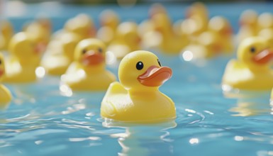 Yellow Rubber Ducks Swim In Circles In A Pool With Selective Focus, Capturing Playful Movement In A