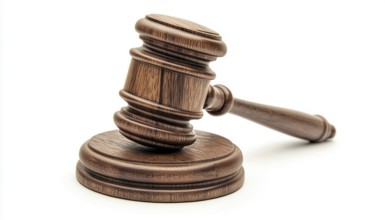 Wooden Judge'S Gavel Hammer For Adjudication On White Background With Stand - Symbolizing Law And