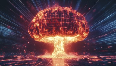Explosive Atomic Mushroom Cloud Rising In Retro Cyberpunk 80s Sci-Fi Futuristic Setting With Laser