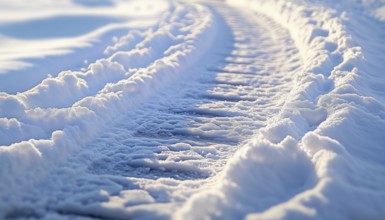 Close-Up View Of Tire Tracks On Snow-Covered Streets: Capturing The Trail Left Behind By Vehicles