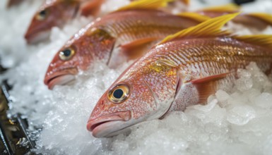 Fresh Goatfish, Red Mullets, And Surmullets Resting On Ice In A Fish Shop Or Market. Gorgeous