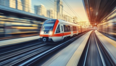 Motion Blur Effect Transportation: City Train Drives On Railroad At The Platform Train Station On A