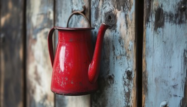 Rustic Wooden Wall Decor Featuring A Vintage Red Jug Hanging, Adding A Touch Of Charm And Nostalgia