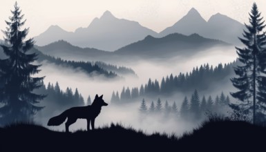 Majestic Fox Standing On Hill In Misty Landscape With Mountains And Forest - Magical Gray