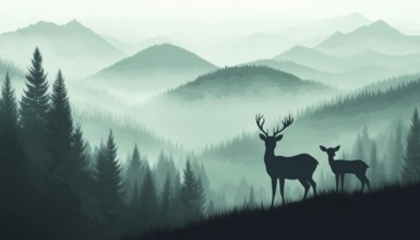 Horizontal Silhouette Of Deer Family Standing On Hill With Forest And Mountains In Enchanting Misty