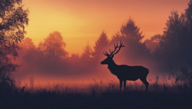 Ethereal Deer Silhouette On Meadow In Enchanted Forest: Magical Misty Landscape With Trees, Grass,