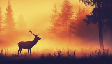 Silhouette Of Deer Standing In Meadow In Forest: Animal, Trees, Grass. Magical Misty Landscape With