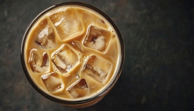 Top-Down View Of Iced Milk Coffee On Black Background: Close-Up Of Refreshing Drink Served Cold And