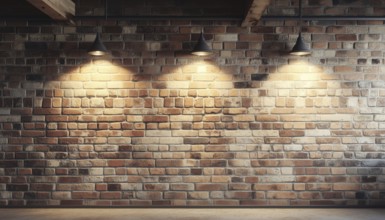 Vintage Interior Room Featuring Rustic Brick Wall And Three Classic Light Fixtures. Classic Charm