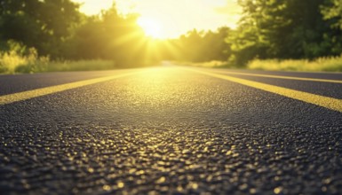 Sunny Day On A Hot Black Road -The Bright Sun Shining Down On A Pavement, Making It Warm And