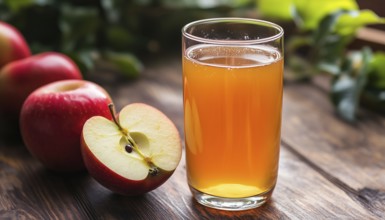 Glass Of Fresh Apple Juice Topped With Half A Red Apple On Rustic Wooden Table - Healthy And