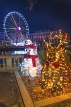 Luminous christmas decorations featuring a reindeer and a penguin stand by the nive river with a
