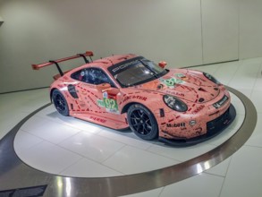 Porsche 911 GT3 RSR racing car with historic paintwork from Porsche 917 with nickname Sau, Porsche
