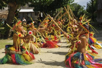 Traditional group of dancers from Yap Island dancing in historical traditional dress traditional