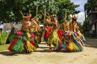 Traditional group of dancers from Yap Island dancing in historical traditional dress traditional