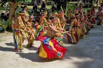 Traditional group of dancers from Yap Island dancing in historical traditional costume headdress