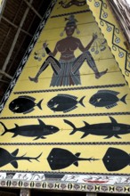 Traditional painting symbolism with depiction of a woman at traditional meeting house, Republic of