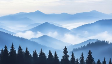 Pine Trees Forest Fading Into The Distance On Light Blue Mountains In Dense Fog - A Beautiful Scene