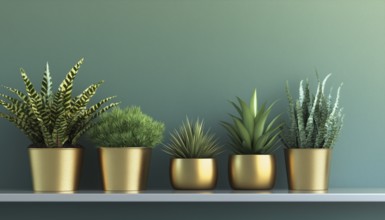 Golden Pots Holding Plants Displayed On A Shelf With Space For Copy. A Decorative Display Of Potted