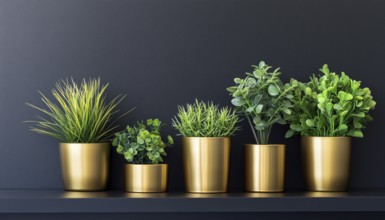 Beautiful Plants In Elegant Golden Pots Displayed On A Shelf With Ample Copy Space Available For