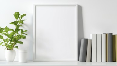 Bright White Frame Mockup Displayed On A Bookshelf - Minimalist Design With A Fresh, Clean