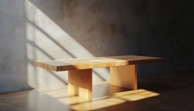 Brown Table With Sun Reflection: Ideal For Showcasing Products. Enhance Your Product Presentation