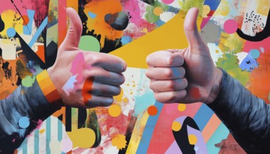 Modern Art Collage Featuring Thumbs Up Gestures By Hands On A Memphis Design Poster. Exploring The