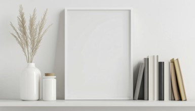 White Frame Mock-Up Displayed On A Bookshelf With Bright Lighting - Minimalistic And Modern DéCor.