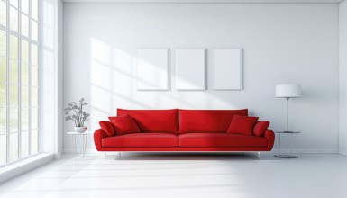 Elegant White Room Featuring A Bold Red Sofa: A Stunning Combination Of Colors Creates A Chic And