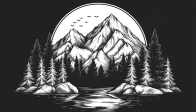 Exploring The Serene Beauty Of The Forest Mountain In Mono Art: A Badge Patch Pin Graphic Art