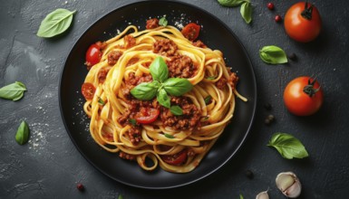 Top View Of Pasta With Bolognese Sauce, Fresh Basil, And Tomatoes Served On A Black Plate On A