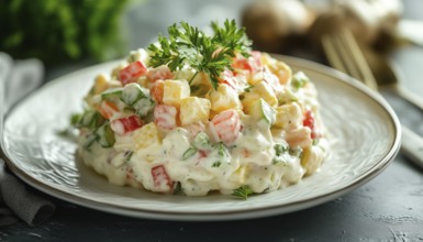 Close-Up Side View Of The Festive Traditional Olivier Salad Served On A White Plate. Classic