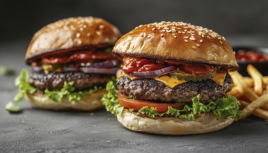 Close-Up Side View Of Two Large, Mouthwatering Burgers And French Fries On A Gray Background.