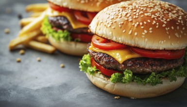 Close-Up View Of Two Large, Delicious Burgers And French Fries On A Gray Background. Side View