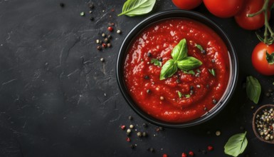 Classic Italian Tomato Sauce With Fresh Basil And Peppercorns On A Dark Background With Ingredients