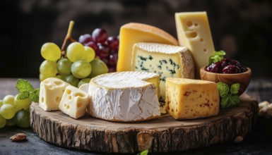 Assortment Of Cheese And Grapes On A Wooden Platter: Side View Featuring Various Types Of Cheese