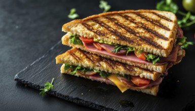 Delicious Grilled Ham And Vegetables Double Sandwich On Dark Background With Cheese. Fast Food